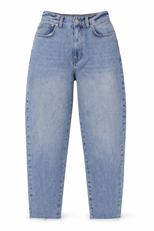 Front view of ASOS women’s blue polyester mom jeans, size UK 26, in, 32-inch leg slim zip