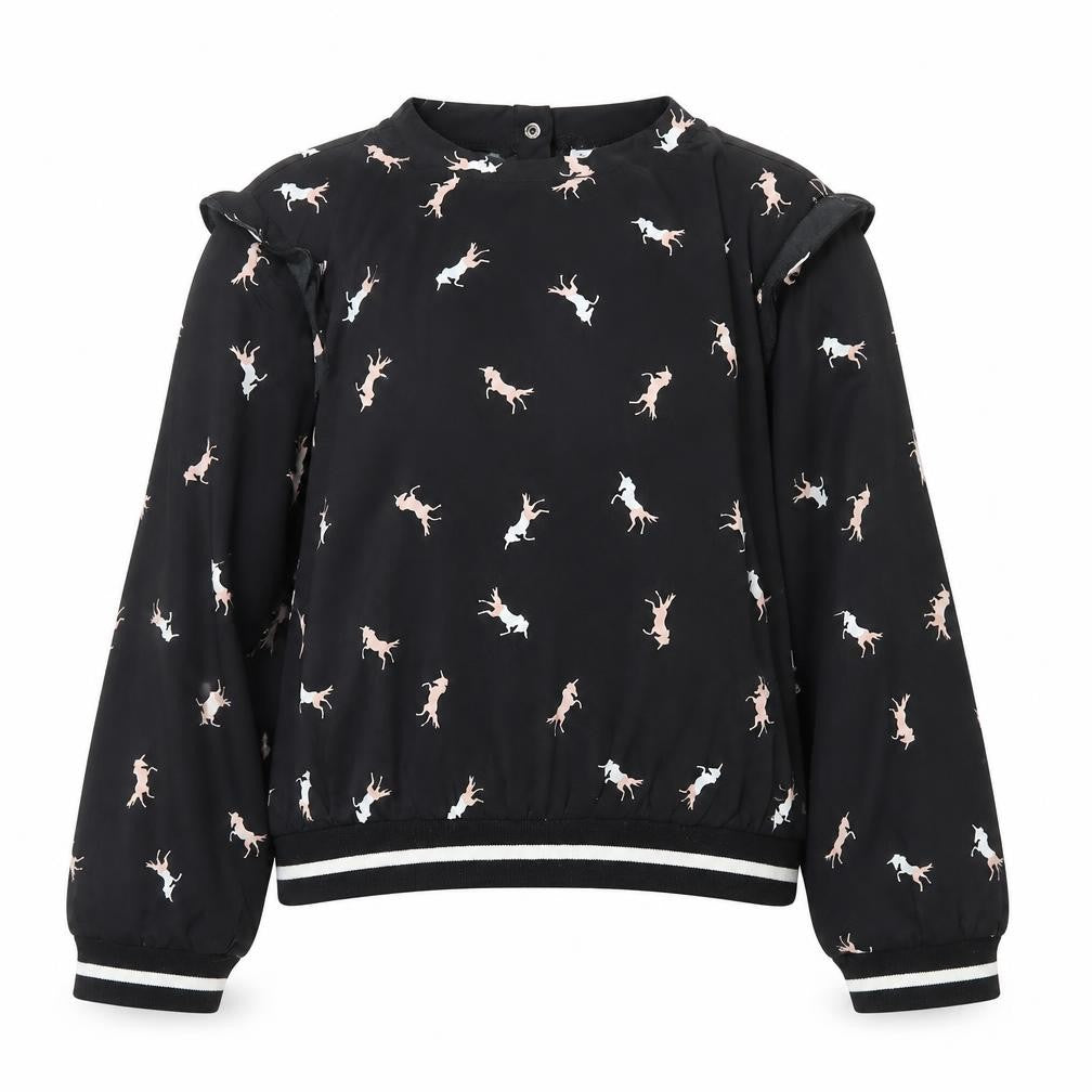 Front view of Japna girls’ black 100% polyester pullover blouse, size 12, years round neck snap - horse