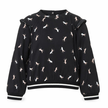 Front view of Japna girls’ black 100% polyester pullover blouse, size 12, years round neck snap - horse
