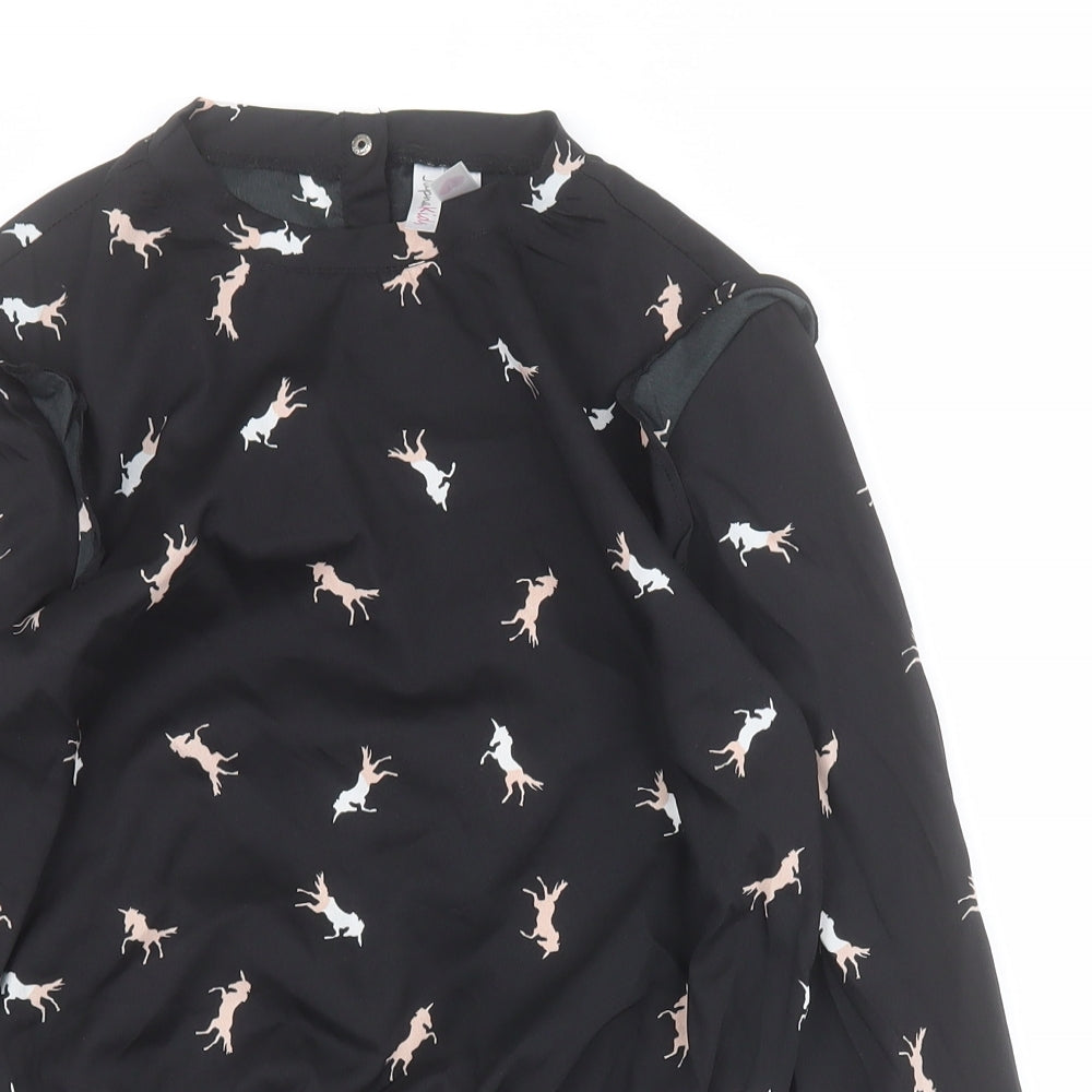 Japna Girls Black  100% Polyester Pullover Blouse Size 12 Years Round Neck Snap - Horse