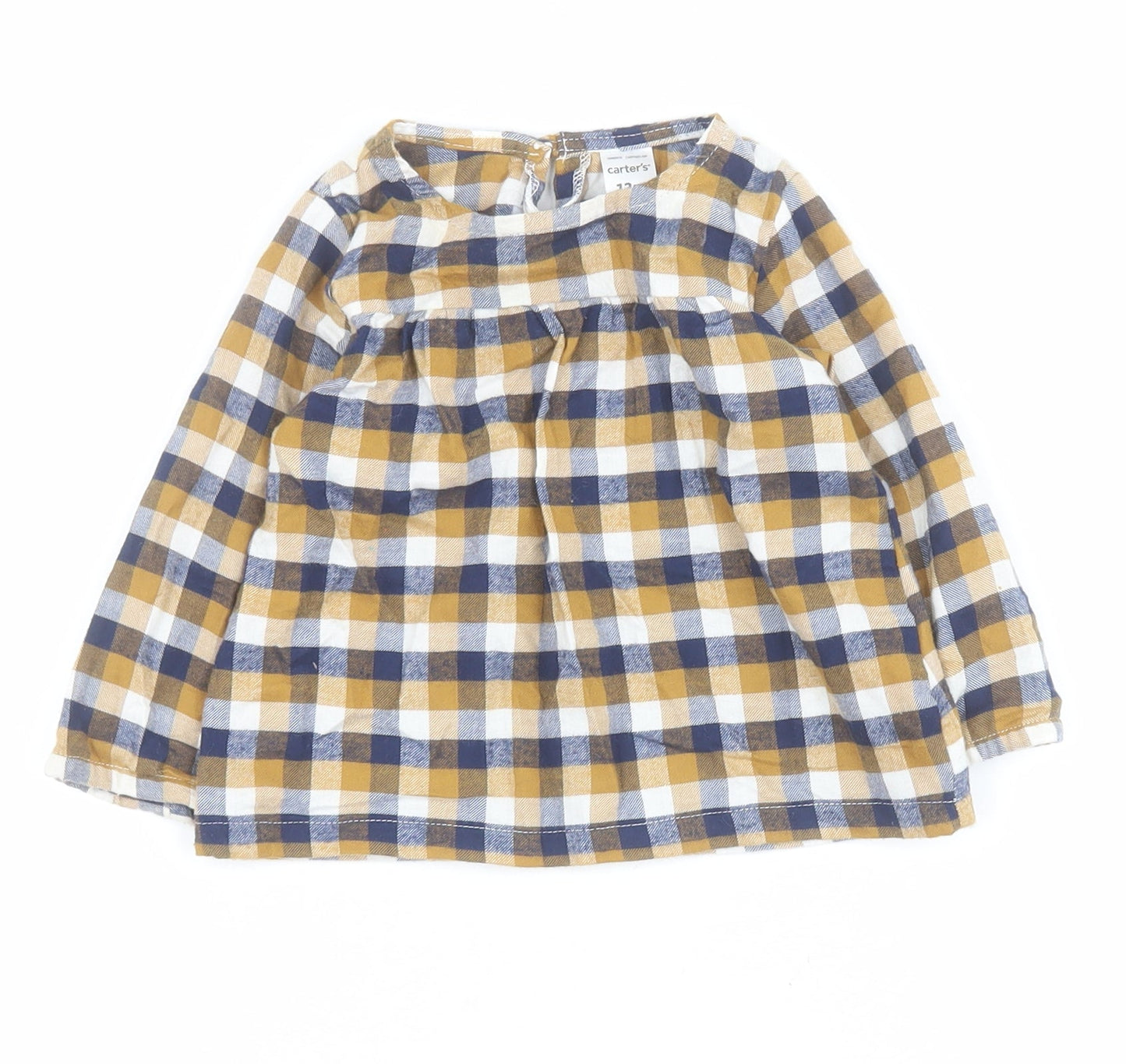 Carters Baby Blue Check 100% Cotton Shirt Dress  Size 12 Months  Round Neck Button