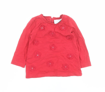 NEXT Baby Red  100% Cotton Pullover T-Shirt Size 6-9 Months Round Neck Button - Flowers