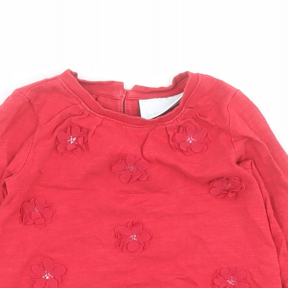 NEXT Baby Red  100% Cotton Pullover T-Shirt Size 6-9 Months Round Neck Button - Flowers