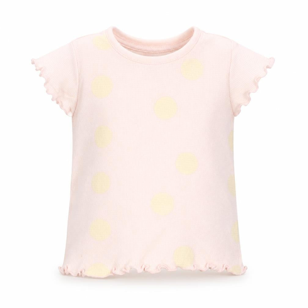 Front view of Primark girls’ pink polka dot 100% cotton basic t-shirt, size 12-18, months round neck pullover