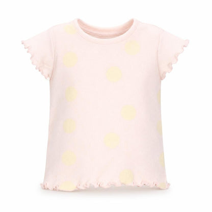 Front view of Primark girls’ pink polka dot 100% cotton basic t-shirt, size 12-18, months round neck pullover
