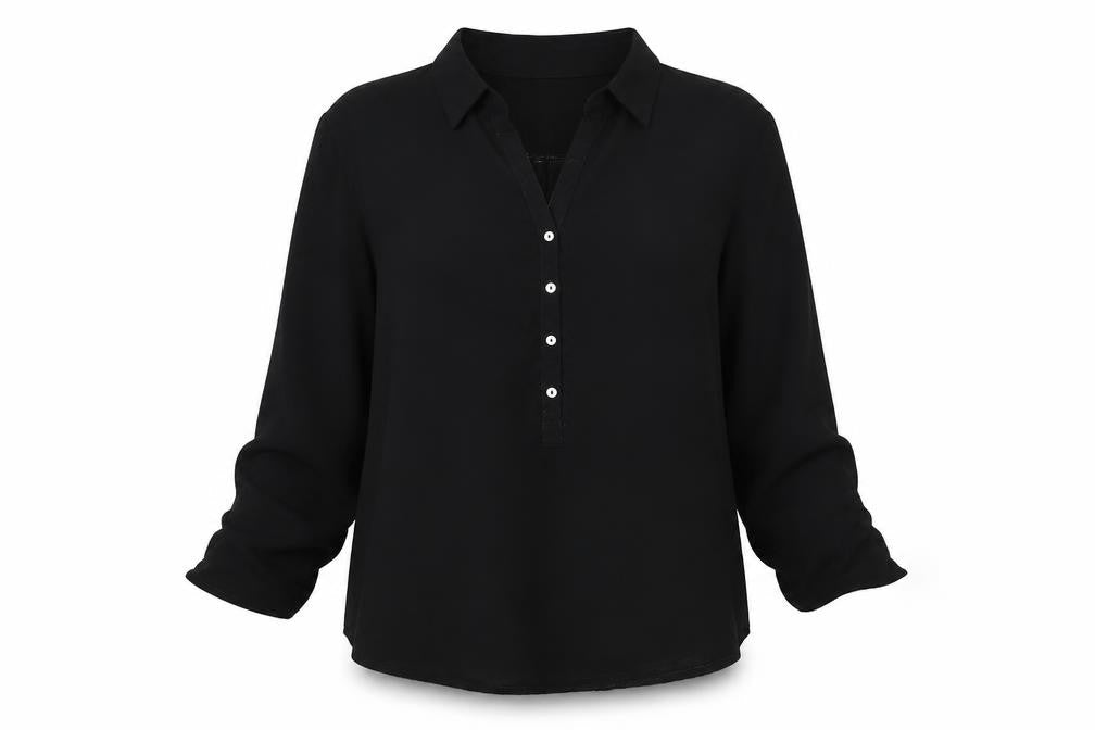 Front view of Privilege women’s black polyester basic button-up, size UK 8, collared