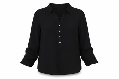 Front view of Privilege women’s black polyester basic button-up, size UK 8, collared