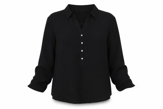 Front view of Privilege women’s black polyester basic button-up, size UK 8, collared