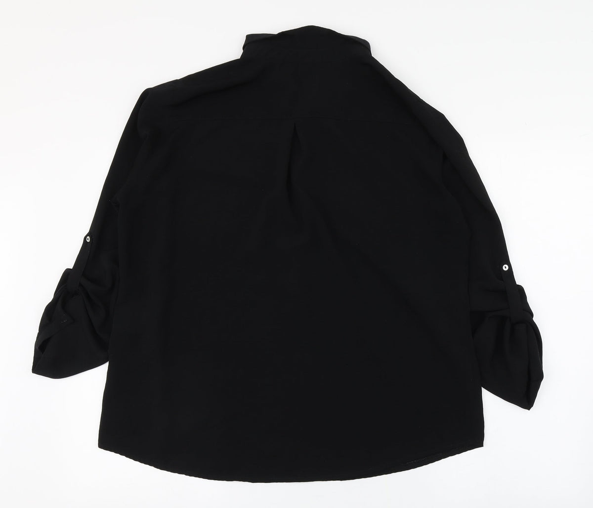 Back view of Privilege women’s black polyester basic button-up, size UK 8, collared