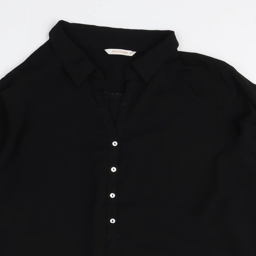 Close-up detail of Privilege women’s black polyester basic button-up, size UK 8, collared