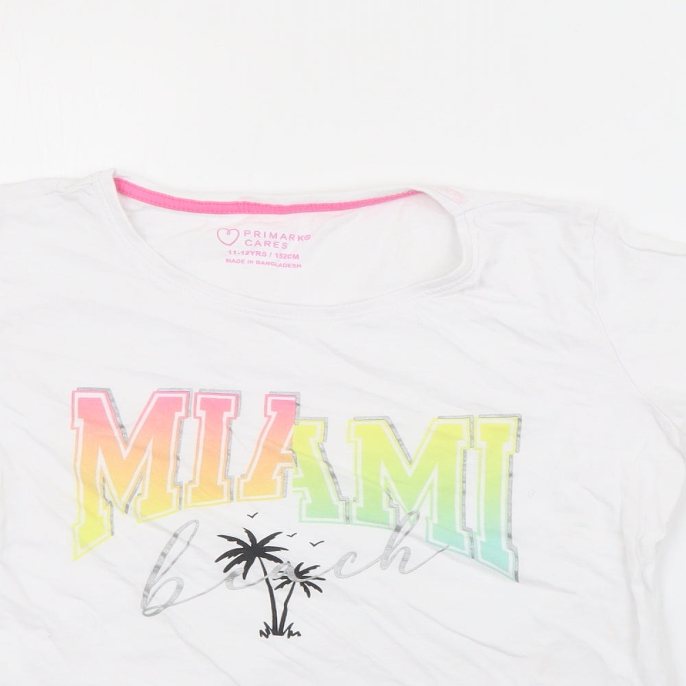 Primark Girls White  Cotton Pullover T-Shirt Size 11-12 Years Crew Neck  - Miami