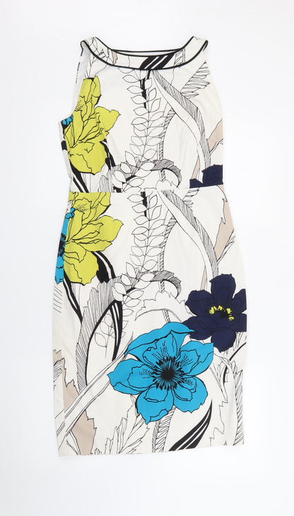 Coast Womens White Floral Cotton Pencil Dress  Size 10  Boat Neck Zip