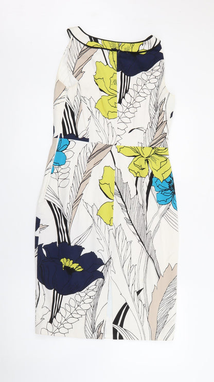 Coast Womens White Floral Cotton Pencil Dress  Size 10  Boat Neck Zip