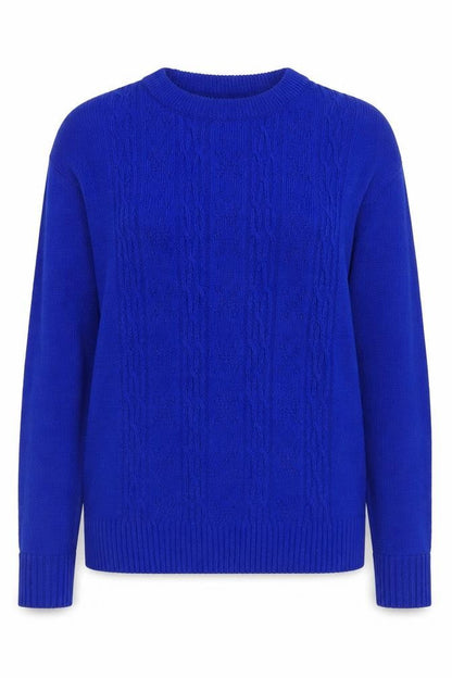 Front view of Pure and Natural women’s blue crew neck acrylic jumper, size M, - m/l