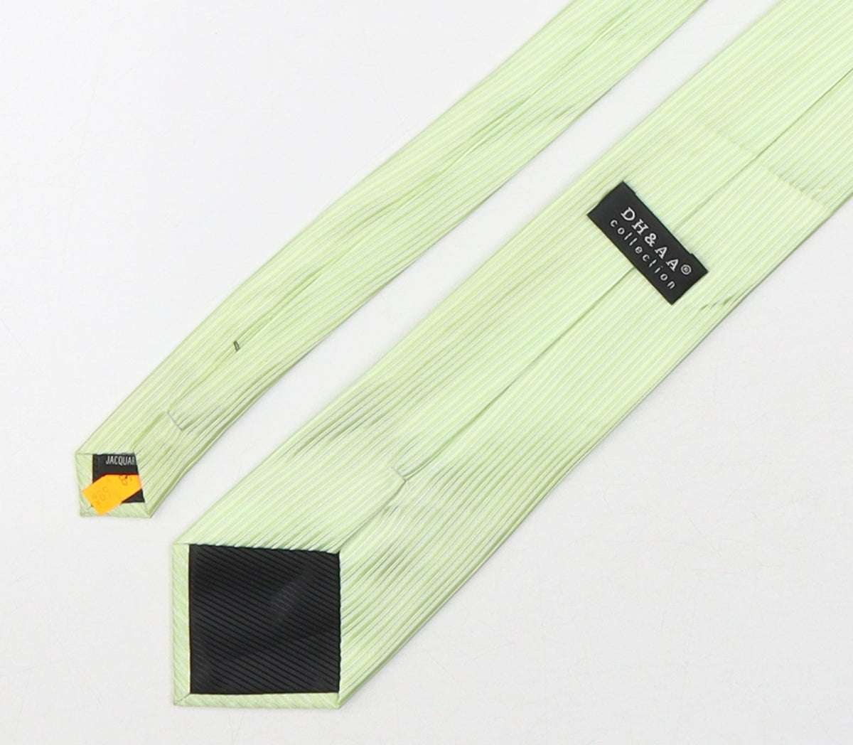 Back view of DH & AA men’s green striped polyester pointed tie one size