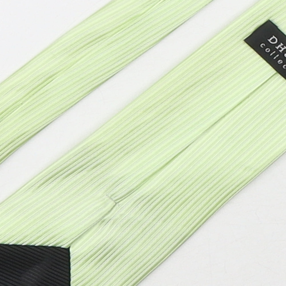 Brand and care label for DH & AA men’s green striped polyester pointed tie one size