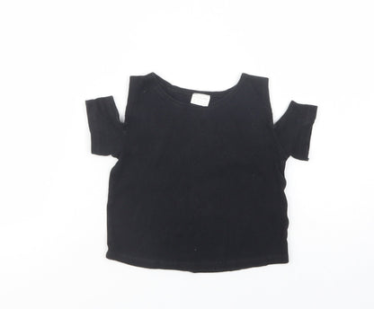F&F Girls Black  Cotton Cropped T-Shirt Size 6-7 Years Crew Neck Pullover - Cold Shoulder
