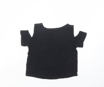 F&F Girls Black  Cotton Cropped T-Shirt Size 6-7 Years Crew Neck Pullover - Cold Shoulder