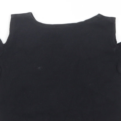 F&F Girls Black  Cotton Cropped T-Shirt Size 6-7 Years Crew Neck Pullover - Cold Shoulder