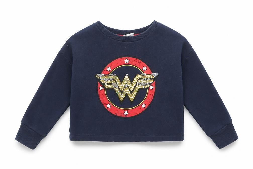 Front view of Next girls’ blue cotton pullover sweatshirt, size 3, years pullover - wonder woman