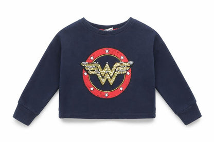 Front view of Next girls’ blue cotton pullover sweatshirt, size 3, years pullover - wonder woman