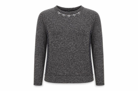 Front view of United Colors of Benetton women’s grey cotton basic blouse, size S, crew neck - embellished neckline