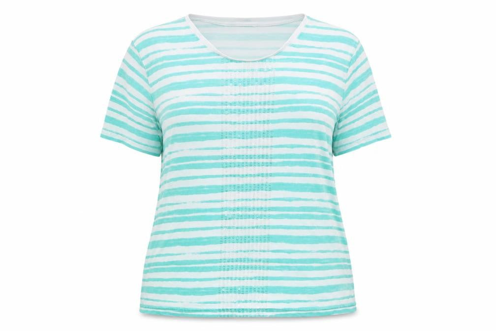 Front view of Gerard women’s green striped cotton basic t-shirt, size XL, crew neck