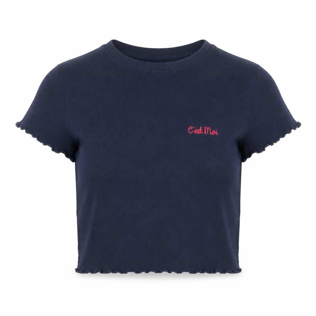 Front view of Topshop women’s blue 100% cotton cropped t-shirt, size UK 6, round neck - c'est moi
