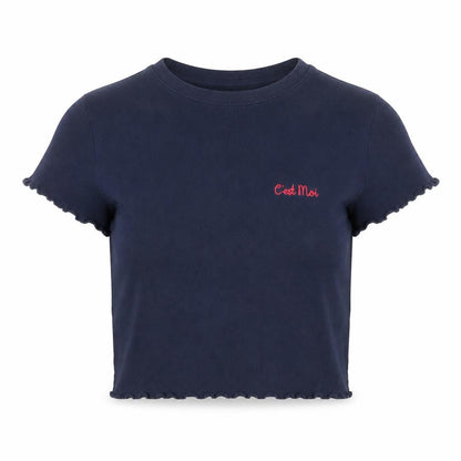 Front view of Topshop women’s blue 100% cotton cropped t-shirt, size UK 6, round neck - c'est moi