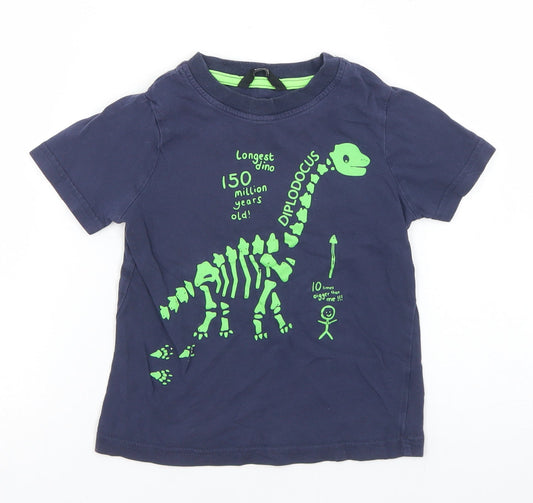 George Boys Blue  Cotton Basic T-Shirt Size 3-4 Years Crew Neck  - diplodocus