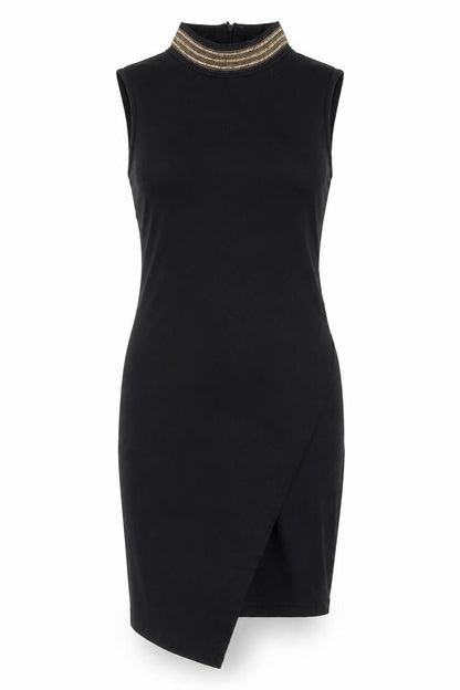 Front view of Vero Moda women’s black polyester tank dress, size S, mock neck zip