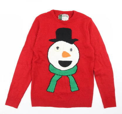 Cedar Wood State Mens Red Crew Neck  Acrylic Pullover Jumper Size XS   - Snowman Christmas