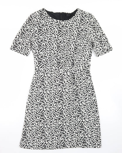 H&M Womens Black Animal Print Polyester Skater Dress  Size 8  Round Neck Zip