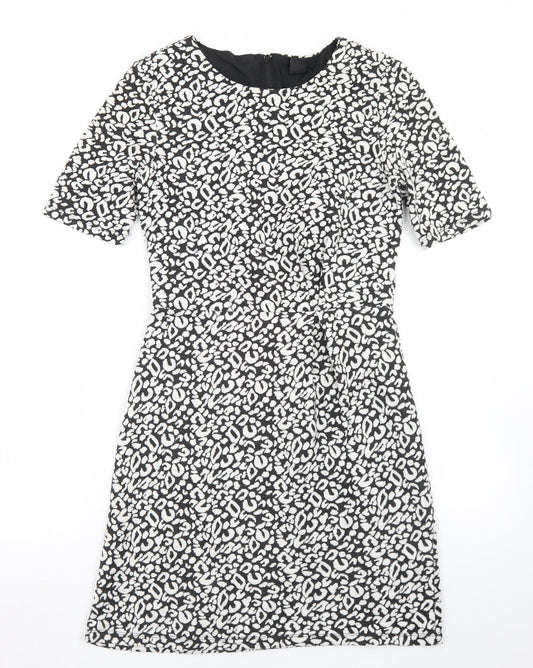 H&M Womens Black Animal Print Polyester Skater Dress  Size 8  Round Neck Zip