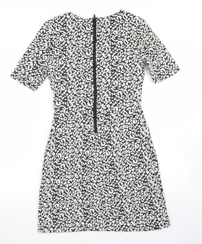 H&M Womens Black Animal Print Polyester Skater Dress  Size 8  Round Neck Zip