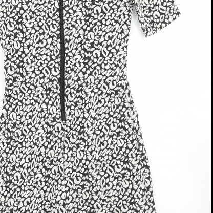 H&M Womens Black Animal Print Polyester Skater Dress  Size 8  Round Neck Zip