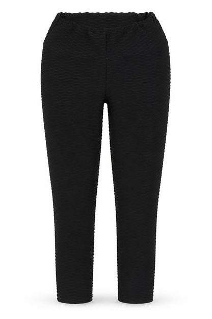 Front view of Preworn women’s black polyester capri leggings, size UK 26, in, 28-inch leg - honeycomb leggings