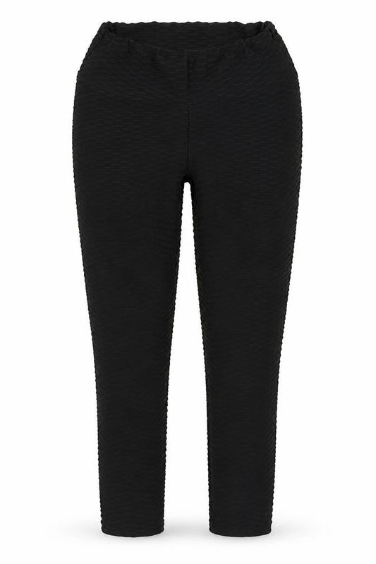 Front view of Preworn women’s black polyester capri leggings, size UK 26, in, 28-inch leg - honeycomb leggings