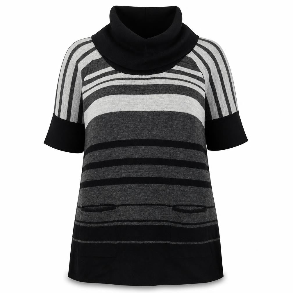 Front view of Damart women’s grey roll neck striped acrylic jumper, size UK 14