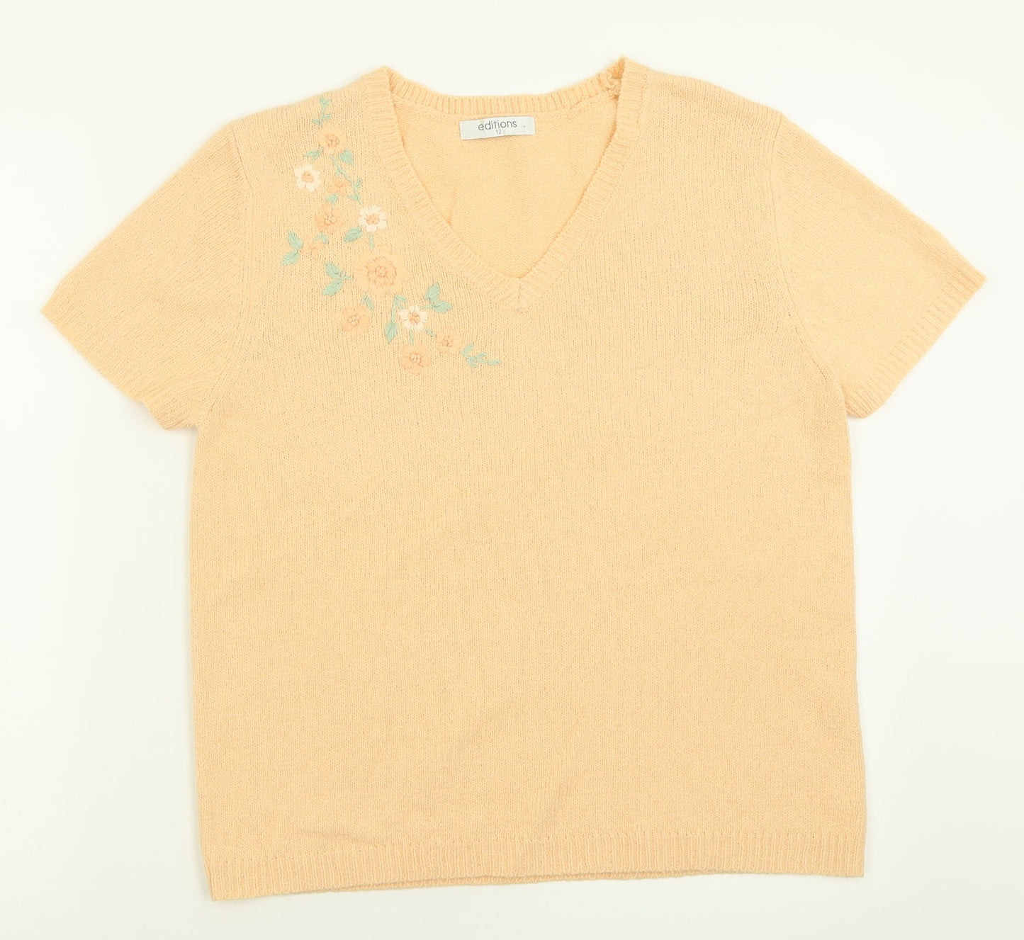 Editions Womens Orange Floral Acrylic Basic T-Shirt Size 12 V-Neck