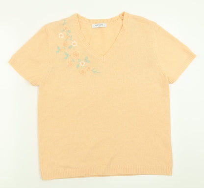 Editions Womens Orange Floral Acrylic Basic T-Shirt Size 12 V-Neck