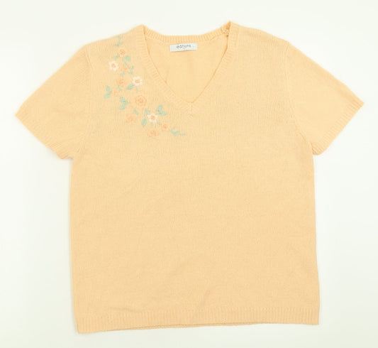 Editions Womens Orange Floral Acrylic Basic T-Shirt Size 12 V-Neck