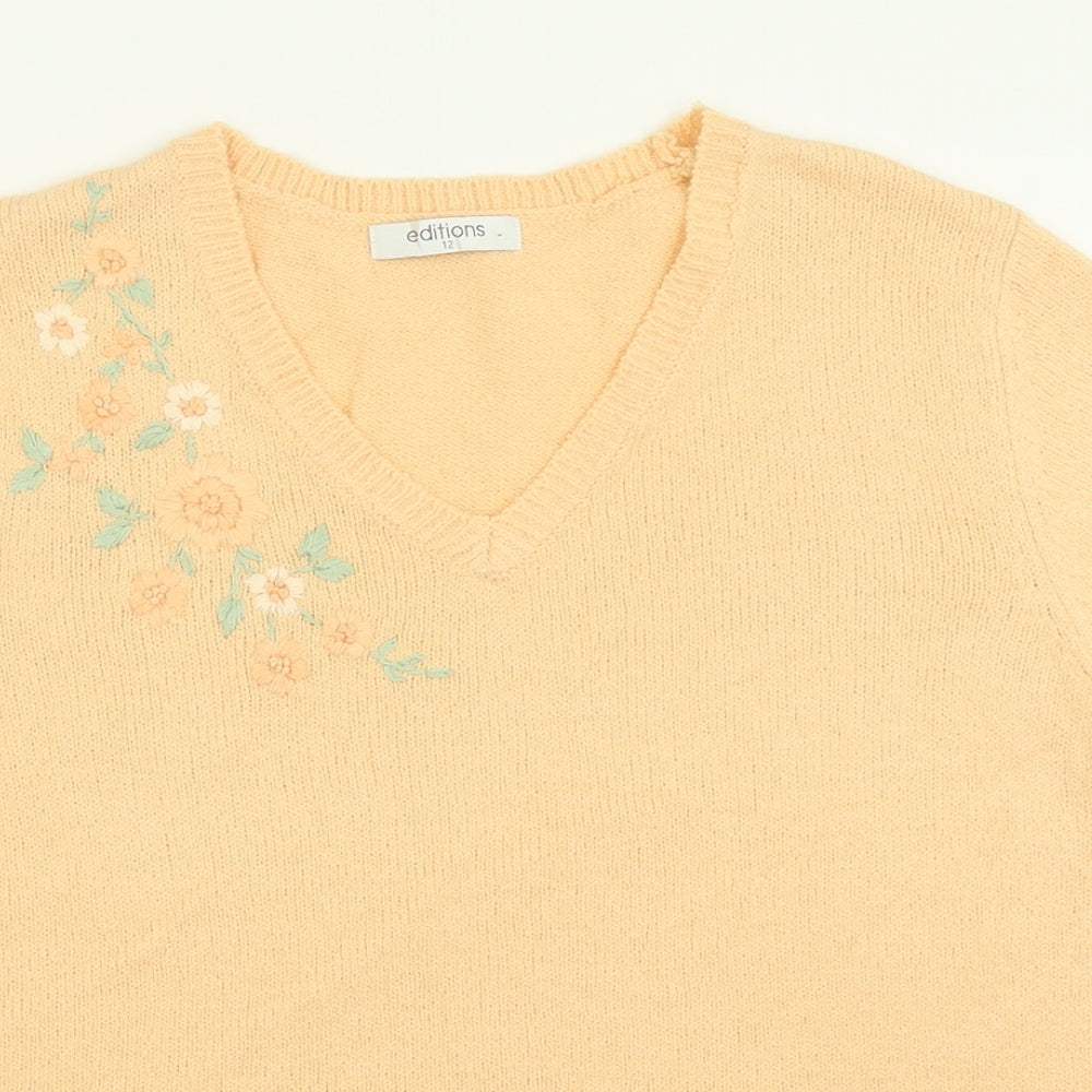 Editions Womens Orange Floral Acrylic Basic T-Shirt Size 12 V-Neck