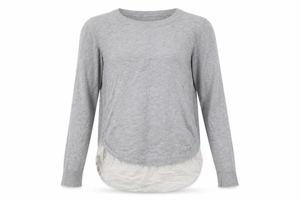Front view of New Look women’s grey round neck viscose henley jumper, size UK 10