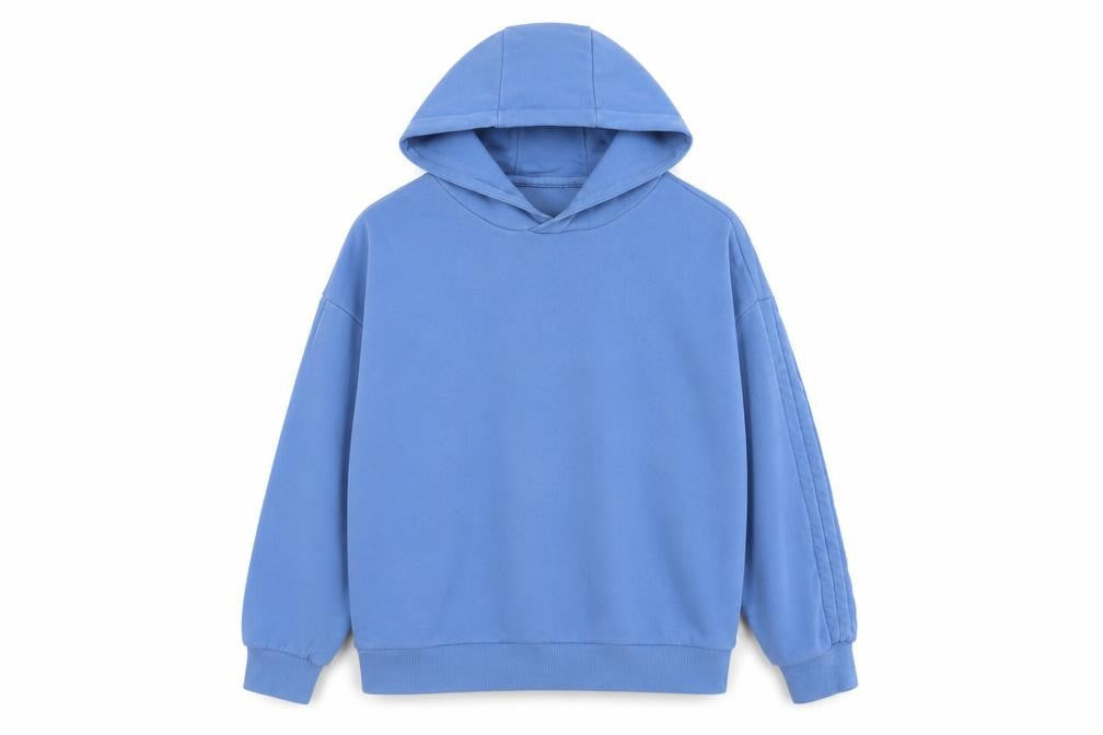 Front view of Dunnes girls’ blue cotton pullover hoodie, size 9-10, years pullover