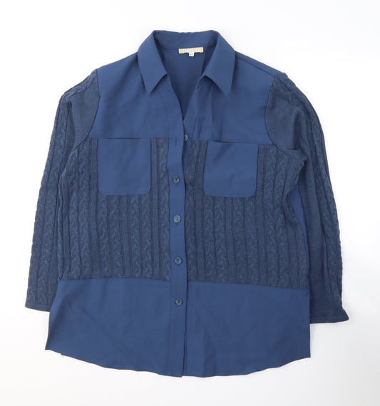 Front view of Dakon women’s blue polyester basic button-up, size UK 18, v-neck