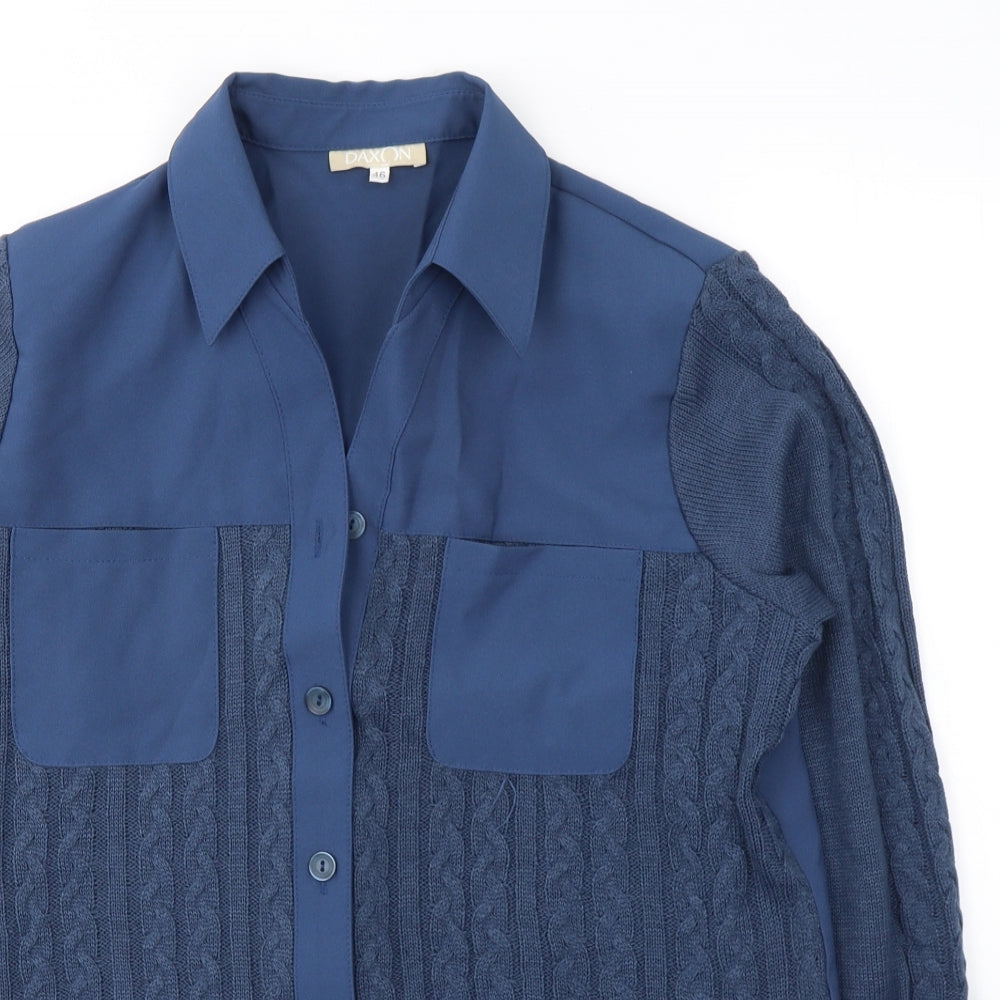 Close-up detail of Dakon women’s blue polyester basic button-up, size UK 18, v-neck