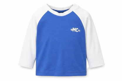 Front view of Mothercare boys’ blue colourblock cotton pullover casual, size 3-6, months round neck pullover