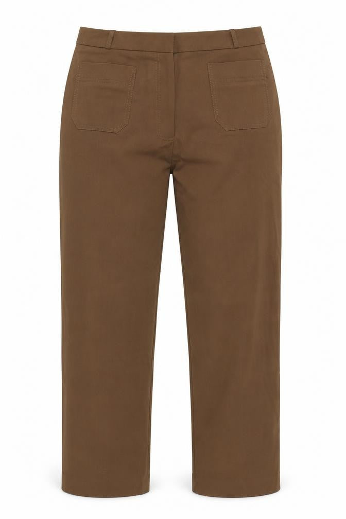 Front view of Be Beau women’s brown polyester trousers, size UK 12, 25-inch leg regular zip