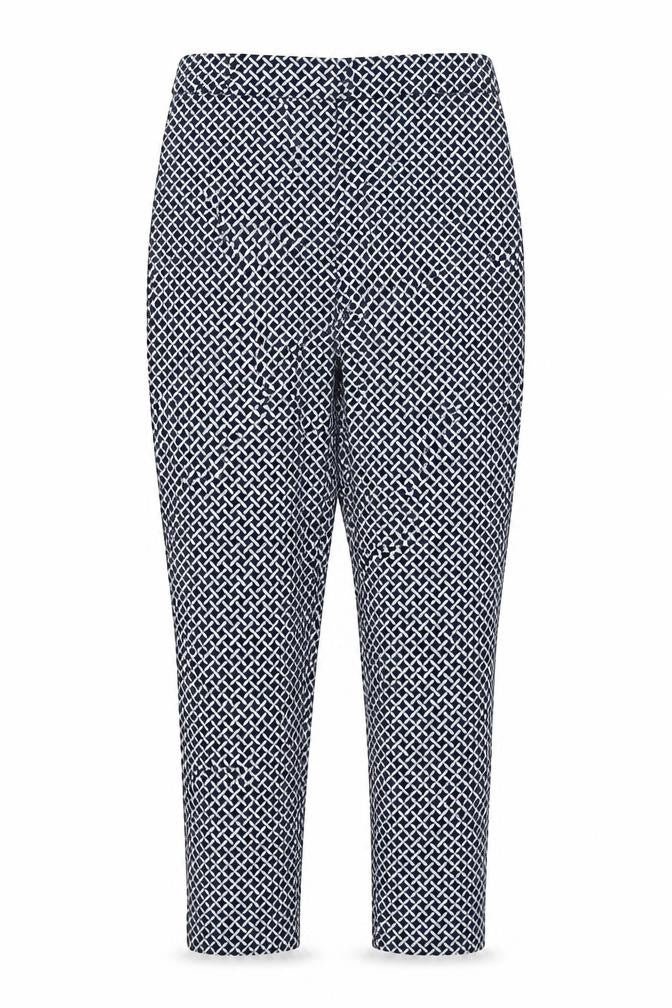 Front view of F&F women’s blue herringbone cotton carrot trousers, size UK 12, 27-inch leg regular zip